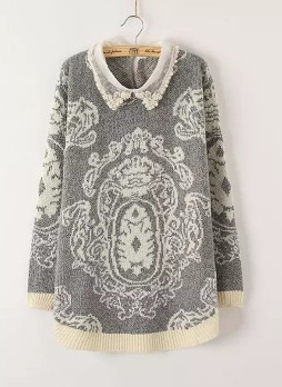 Lapel Vintage Print Knit Sweater-Grey